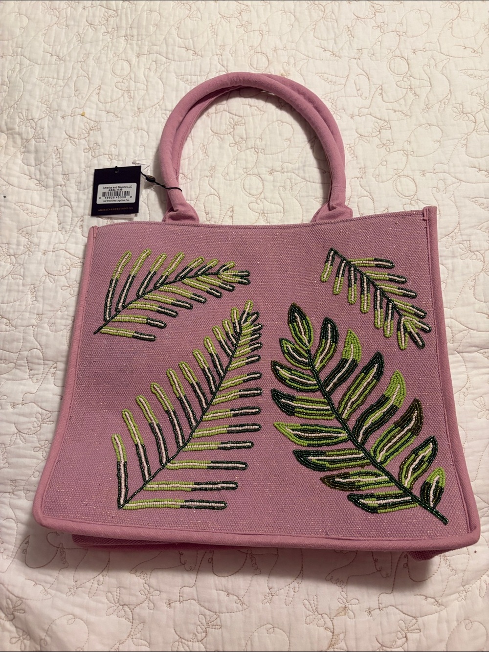 America & Beyond Pink Beaded Palm Leaf Tote Bag NWT Tropical Resort Purse